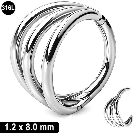Zilverkleurige chirurgisch stalen clicker met drie parallelle lijnen. 1.2 x 8.0 mm.
