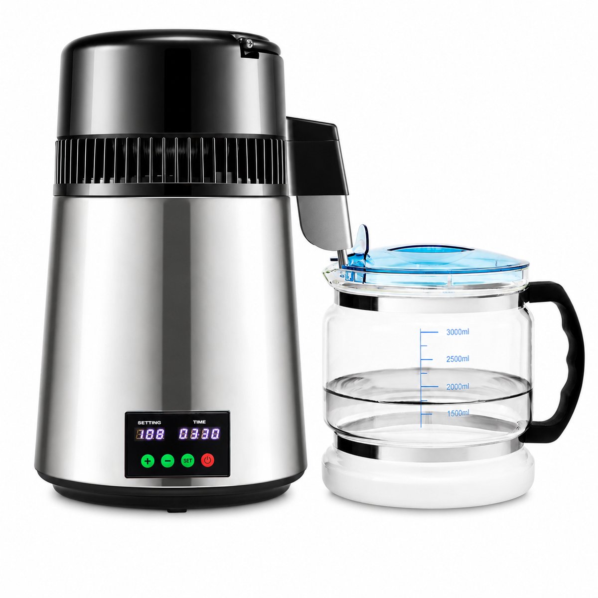 Waterdestilleerder 4 Liter - Waterzuiveraar - Gedestilleerd Water Apparaat - Touchscreen Bediening - RVS 304 en Borosilicaatglas - Temperatuurregeling 30-108°C - 1 Liter per Uur - Voor Thuis, Kantoor, Laboratorium en Praktijk