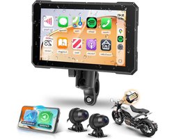 Rimoody 5-inch CarPlay-display voor motorfietsen met dashcam (2 camera's voor en achter), draadloos CarPlay-scherm, Android Auto/IP68 waterdicht/Bluetooth/GPS-navigatie/app/bandenspanningscontrole