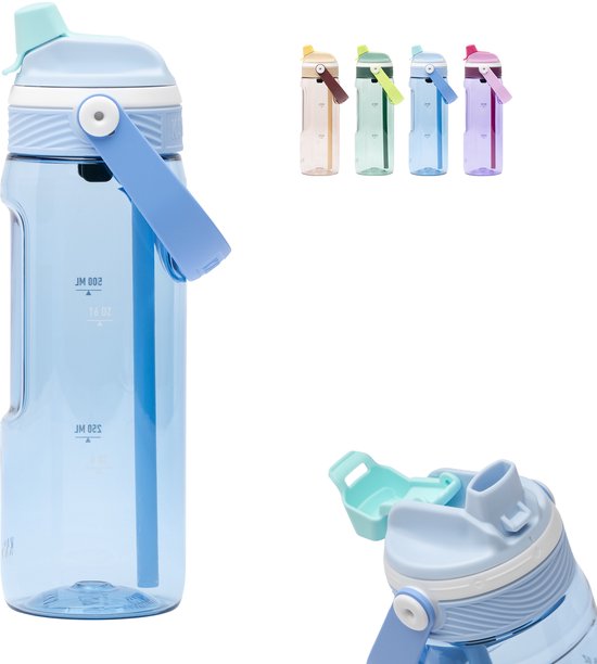 Bouteille d'eau Kambukka Dupla bleue de 750 ml, avec paille. Petites images de la bouteille en rose, vert et beige. Gros plan sur le bouchon.