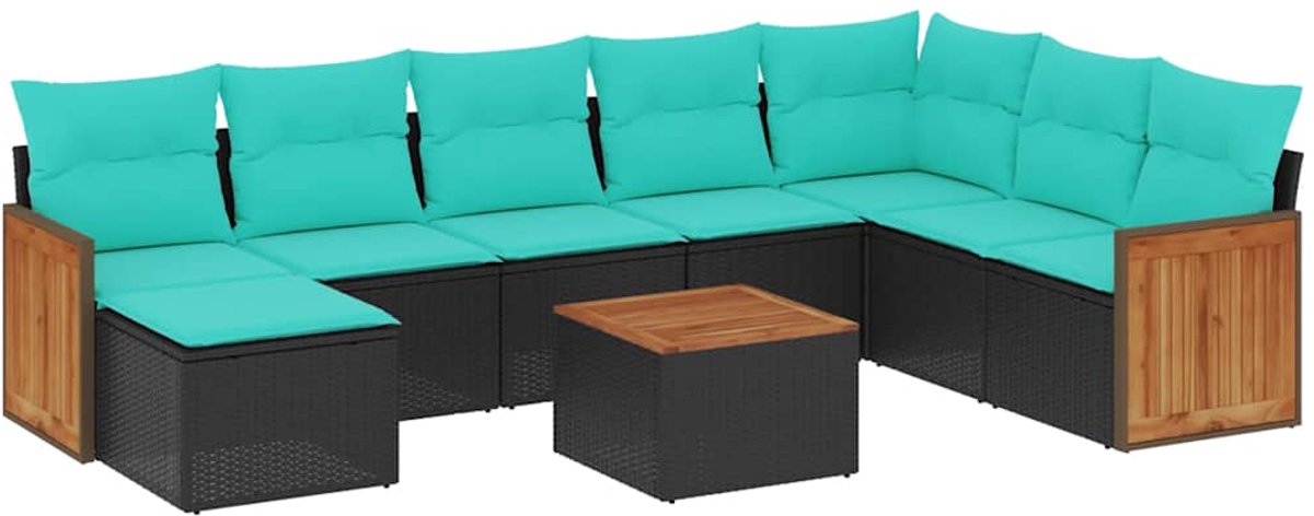 vidaXL - 9-delige - tuinbankset - met - kussens - van - zwart - polyrotan