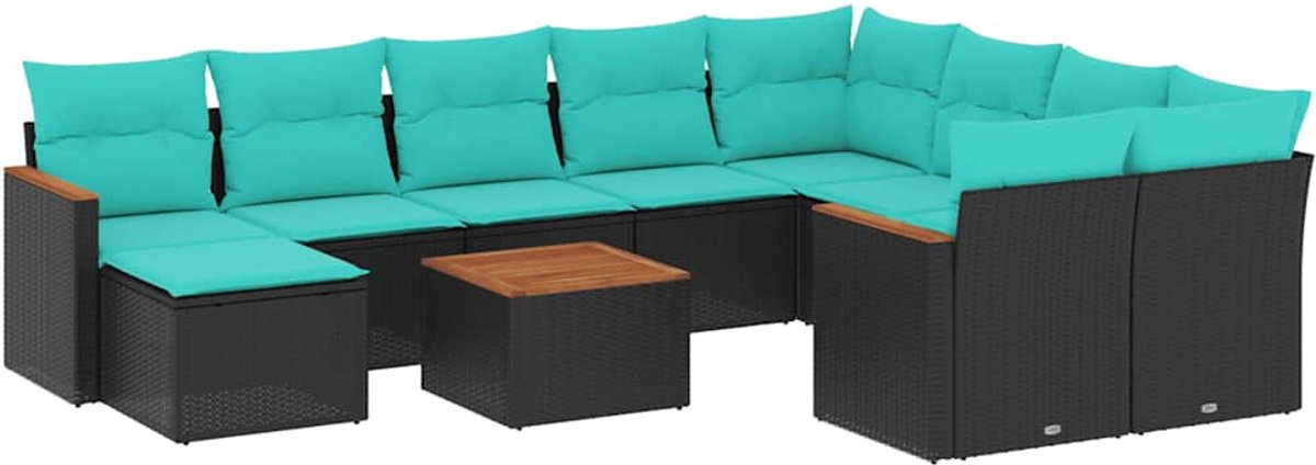 vidaXL - 11-delige - tuinbankset - met - kussens, - zwart - polyrotan