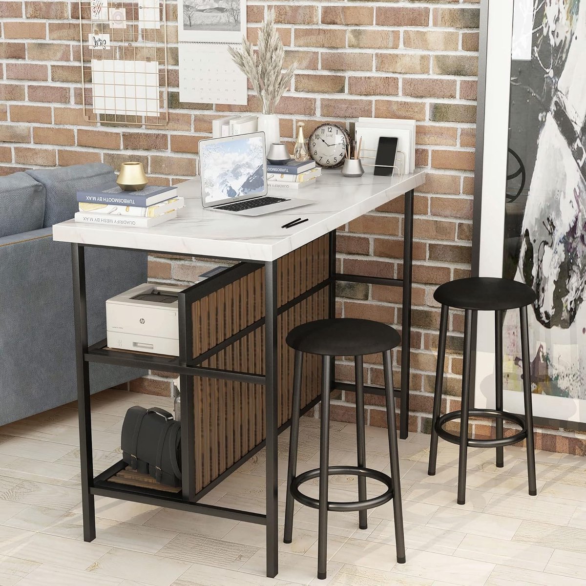 Nova Space Luxe Keukenbarset met 2 Krukken en Opbergruimte – 120 x 60 x 84 cm – Moderne Ontbijtbartafel voor 2 Personen – Wit Design – Ruimtebesparend Keukeneiland met Planken