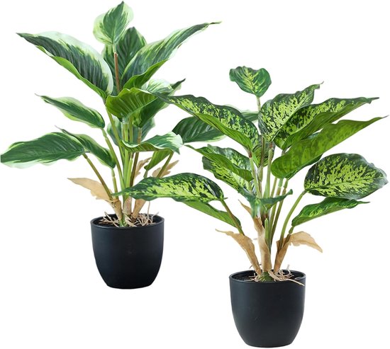 Twee kunstplanten met groene bladeren met witte accenten, in zwarte potten.