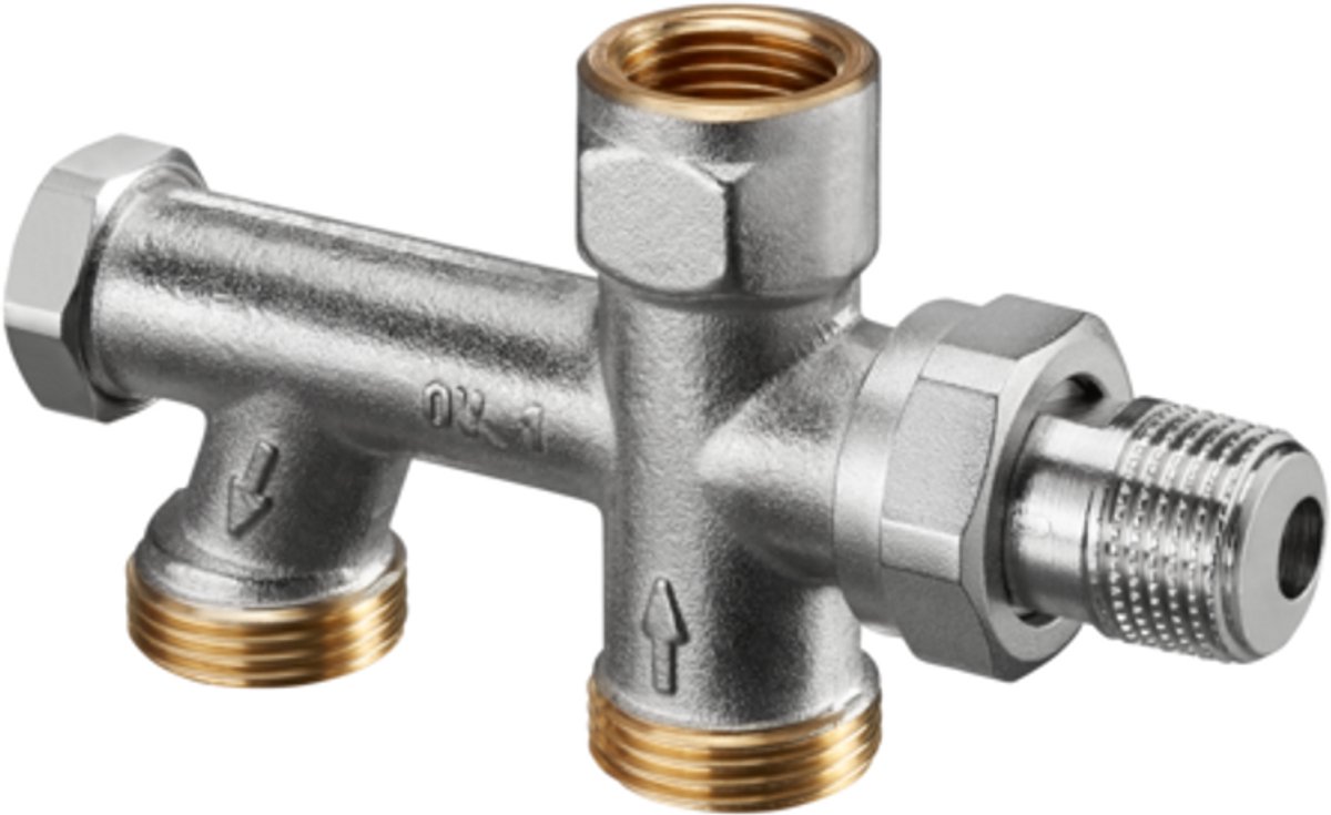 OVENTROP Uno éénpijpsaansluitstuk met traploos instelbare bypass en afsluiting DN 15, G 3/4 AG, buisafstand 50 mm, met isolatiekoppeling, 1013161