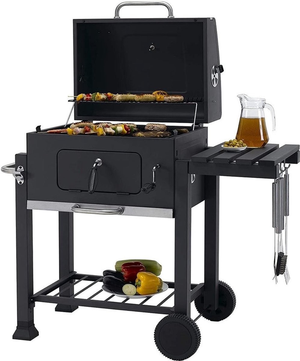 EVIQ - BBQ houtskool XL- Smoker Barbecue Valencia - Barbeque Verstelbaar kolenrooster - Barbecues Zwart