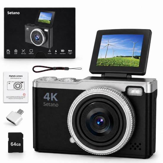 Setano 4K digitale camera met draaibaar scherm en windmolens op het scherm, met gebruikershandleiding, OTG-adapter en 64GB SD-kaart.