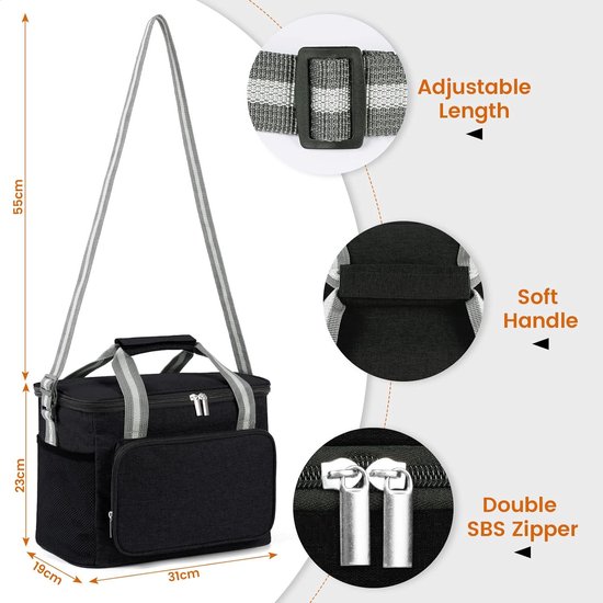 Koelbox - Koeltas - Koeltas 15L - Koelrugzak - Koeltasje Klein - Waterdicht - Draagbaar - Schouderband - Koeltassen Opvouwbaar - 600D Oxford - Kleine Koeltas voor Onderweg, Thermische Tas voor Picknicks, Camping, Excursies - Zwart van Koelbox. — afbeelding 2