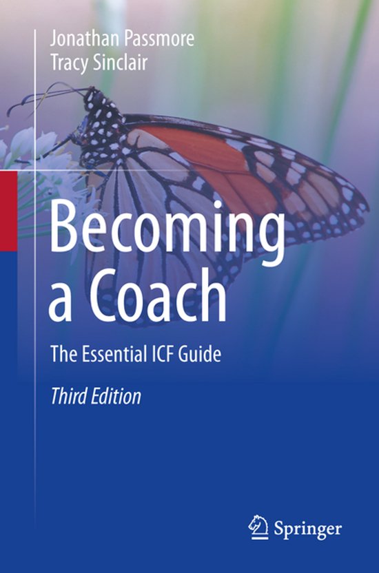 Boekomslag Becoming a Coach met een monarchvlinder op een bloem en de tekst The Essential ICF Guide, derde editie.