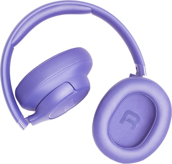 Gevouwen lichtpaarse JBL koptelefoon, oorschelp rechts met R logo.