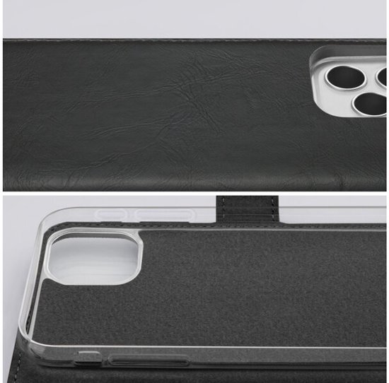Gros plan sur la texture d'un étui de téléphone en cuir noir et sa découpe pour appareil photo.