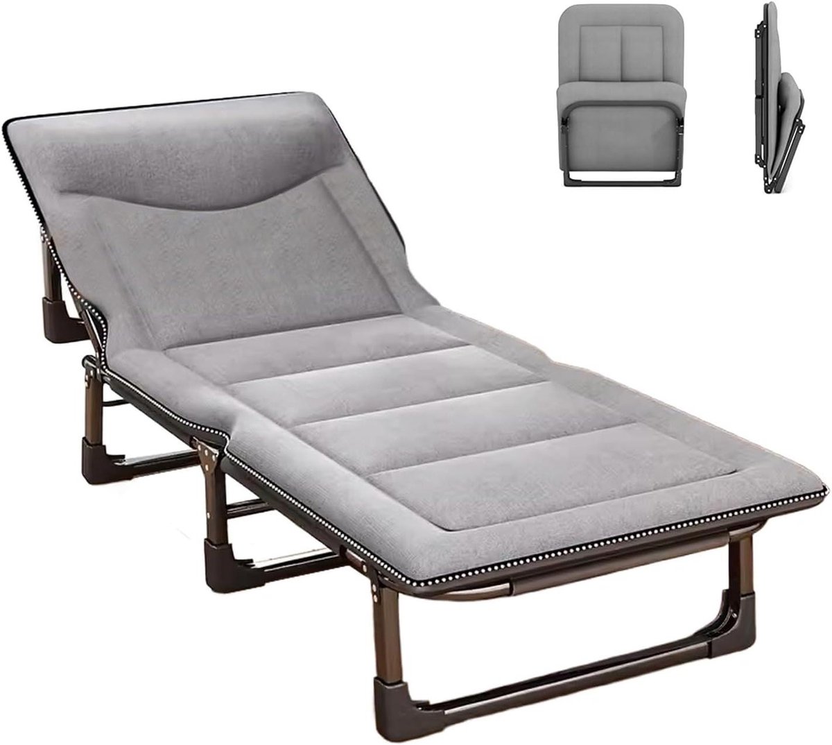 Opklapbed met matras - Reisbed Gastenbed - Kamperen en Logeren - Zes rugleuning standen - 190 x 70 cm - Grijs