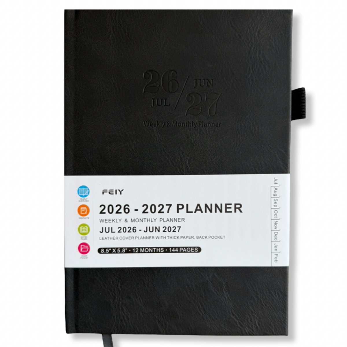 Feiy Black Agenda - 2026-2027 - A5 formaat Schoolagenda - 1 week op 2 pagina's - Harde kaft - Met Elastiek