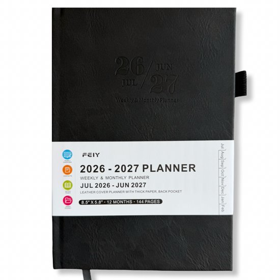 Feiy Black Agenda - 2026-2027 - A5 formaat Schoolagenda - 1 week op 2 pagina's - Harde kaft - Met Elastiek