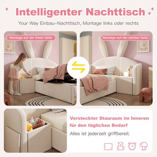 Een beige kinderbed met konijnenoren, met een geïntegreerd nachtkastje aan de linker- of rechterzijde. Het bed is opengeklapt om de opbergruimte te tonen.