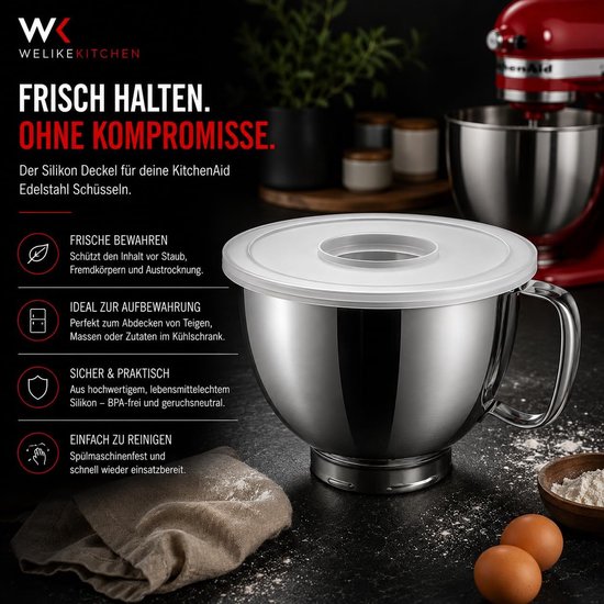 Welikekitchen Siliconen deksel compatibel met KitchenAid roestvrijstalen kommen 3 l/4,3 l/4,8 l, vershouddeksel van voedselveilige siliconen, BPA-vrij en vaatwasmachinebestendig — afbeelding 3