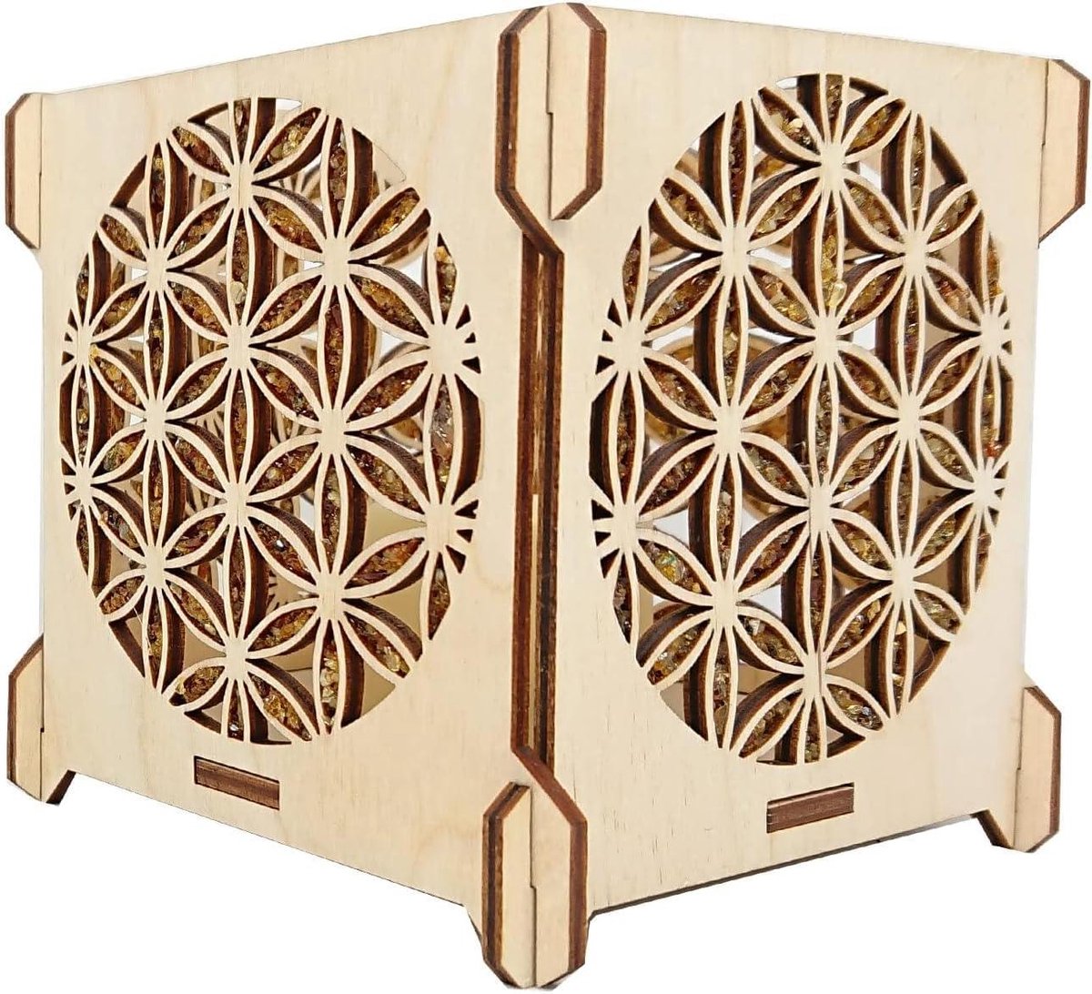 Levensbloem windlicht - Barnsteen decoratie - Sfeerverlichting huis - Inclusief LED - 9x9x9.5 cm - Amber