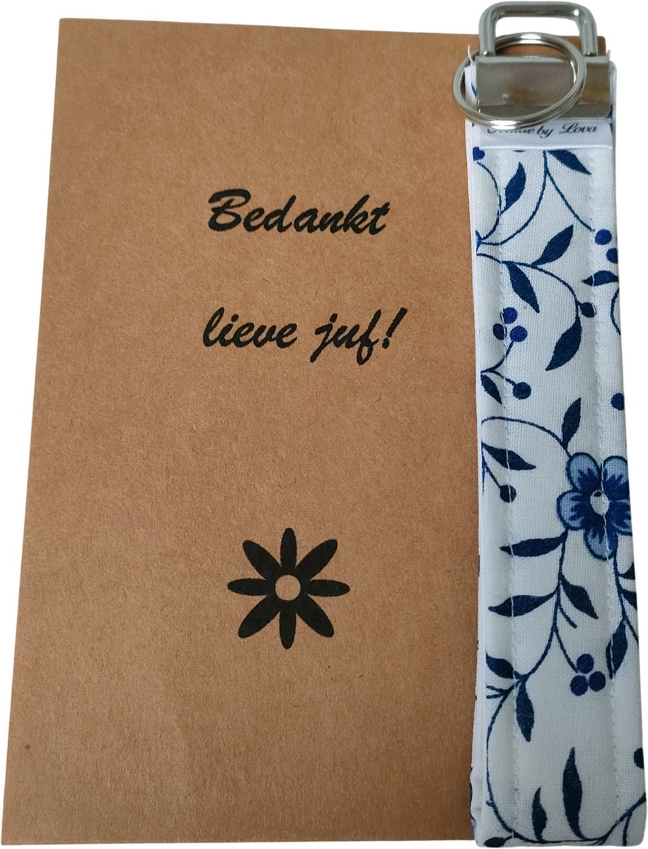 sleutelhanger juf - bedankt lieve juf - sleutelhanger delfstblauw - bloemen - cadeautje juf - handgemaakt