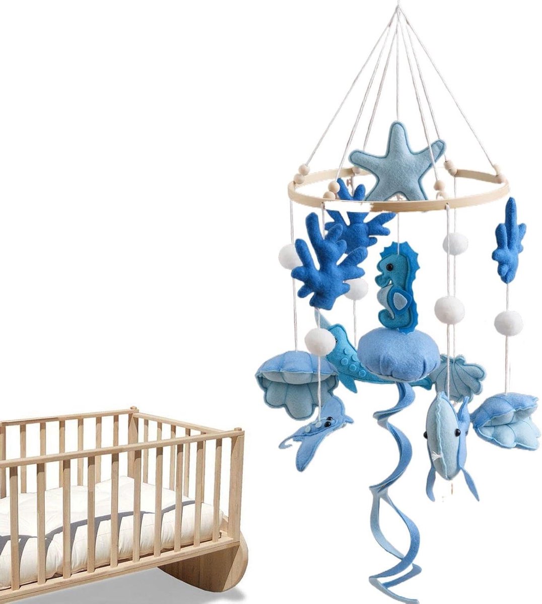 Wieg Mobiel - Baby Decoratie - Kind Kalmeren - Zeemotieven Lichteffecten - 50 x 23 cm - Multicolor