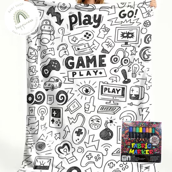 XXL Kleurdeken Gamen – Fleece deken DIY - Fleece deken om zelf in te kleuren - met stiften - Thema gamen - Voor echte gamehelden