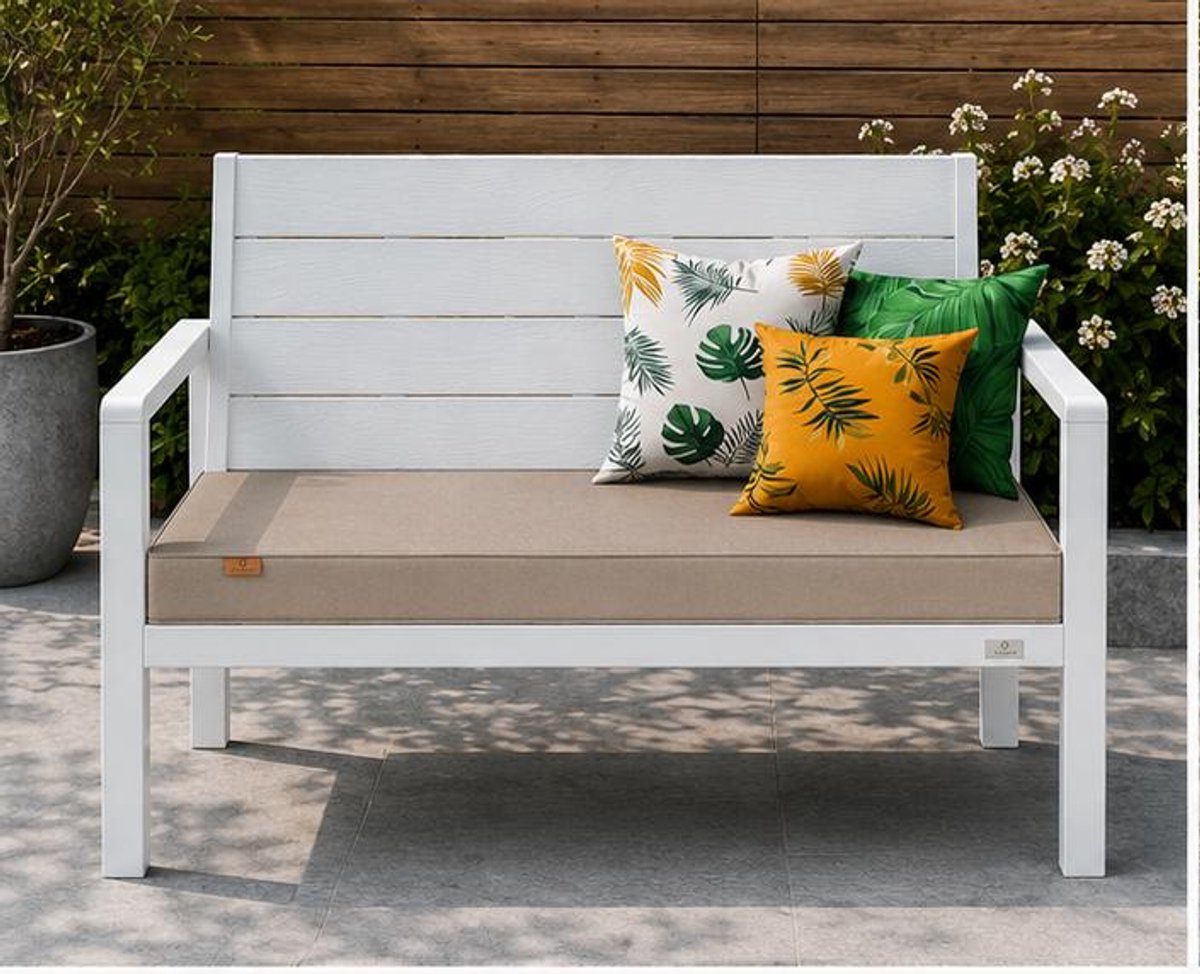 Tuinbank 2-Zits met Kussen 120 x 64 x 78 cm – Weerbestendige Balkonbank in Houtlook, Buitenbank met Wasbaar Zitkussen, UV-Bestendig en 300 kg Draagvermogen voor Tuin, Terras en Balkon – Mobili Bella