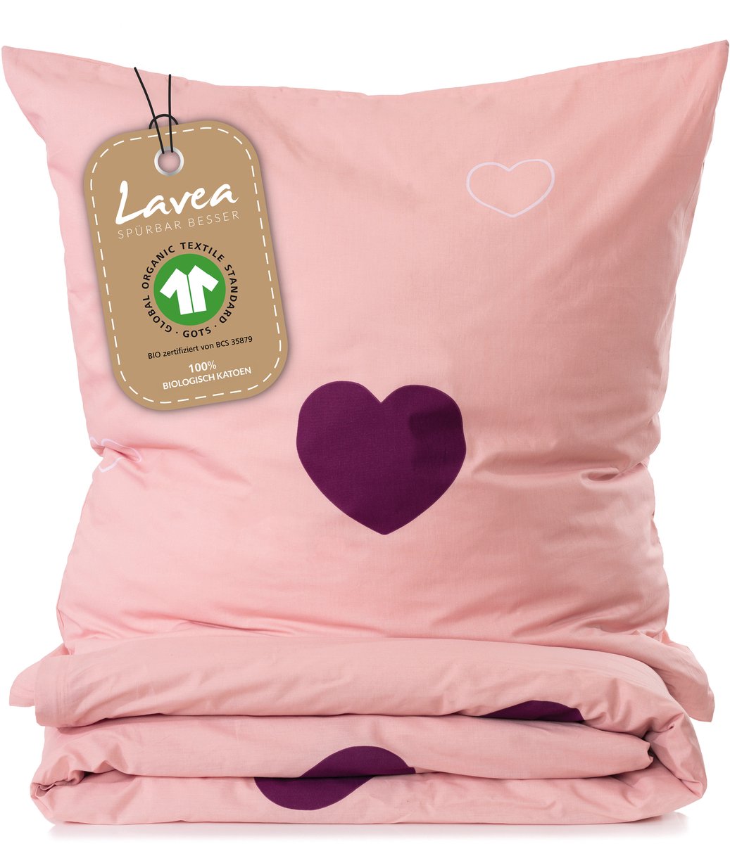 Lavea® Kinderbeddengoed van 100% biologisch katoen – 1 dekbedovertrek 100x135 cm + 1 kussensloop 40x60 cm – Zacht, ademend – Hartjesmotief Roze & Bordeaux