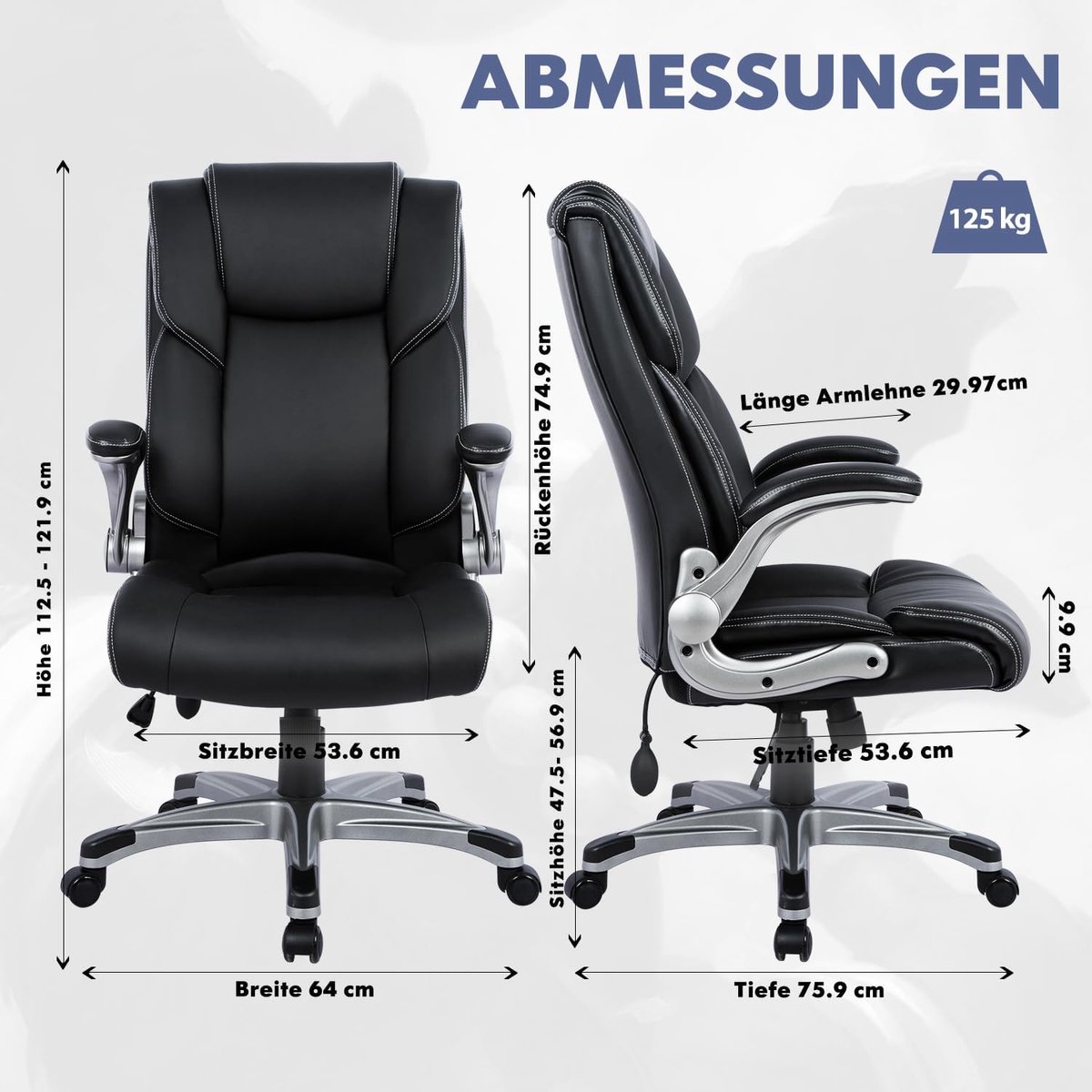 Bureaustoel Directiestoel Zwart – House&Garden Executive Air Pro Ergonomische Bureaustoel met Opblaasbare Lendensteun, Opklapbare Armleuningen, Kunstleren Bekleding, Hoge Rugleuning, Kantelfunctie en Wielen – Luxe Kantoorstoel tot 125 kg