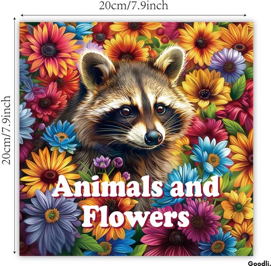 Raccoon te midden van kleurrijke bloemen en de tekst 'Animals and Flowers'.