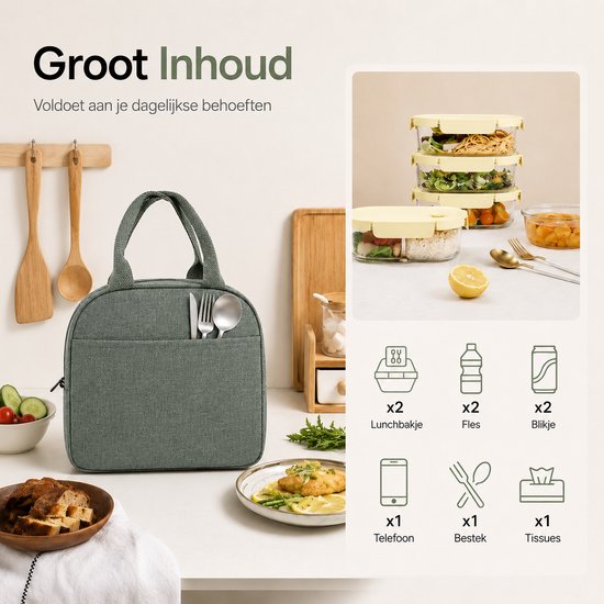 BOTC Koeltas - Lunchtas - 7 liter - Koeltasje - Geïsoleerde Koeltas - 25x21x14cm - Groen van BOTC — afbeelding 3