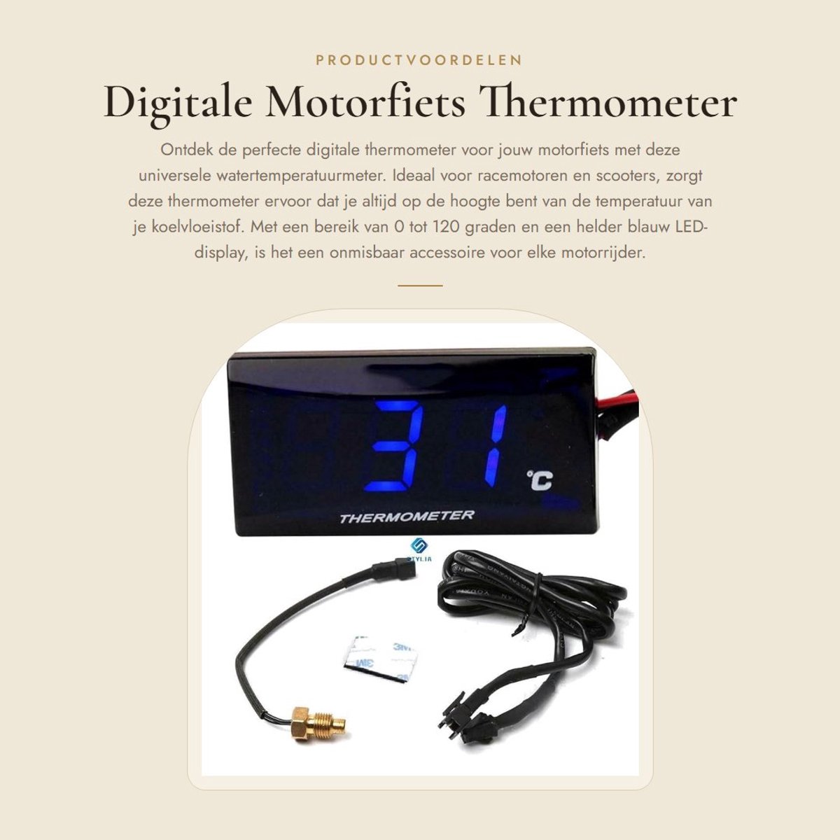 Dailygoods- Temperatuurmeter Digitale Motorfiets - LED Display - Bereik 0-120°C - Universele Montage - Plastic - Waarschuwing bij Hoge Temperatuur - Motorfiets Thermometer