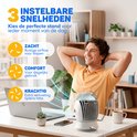 Man ontspant zich aan een bureau met een mini airco. Keuzes voor zachte, comfortabele of krachtige luchtstroom.