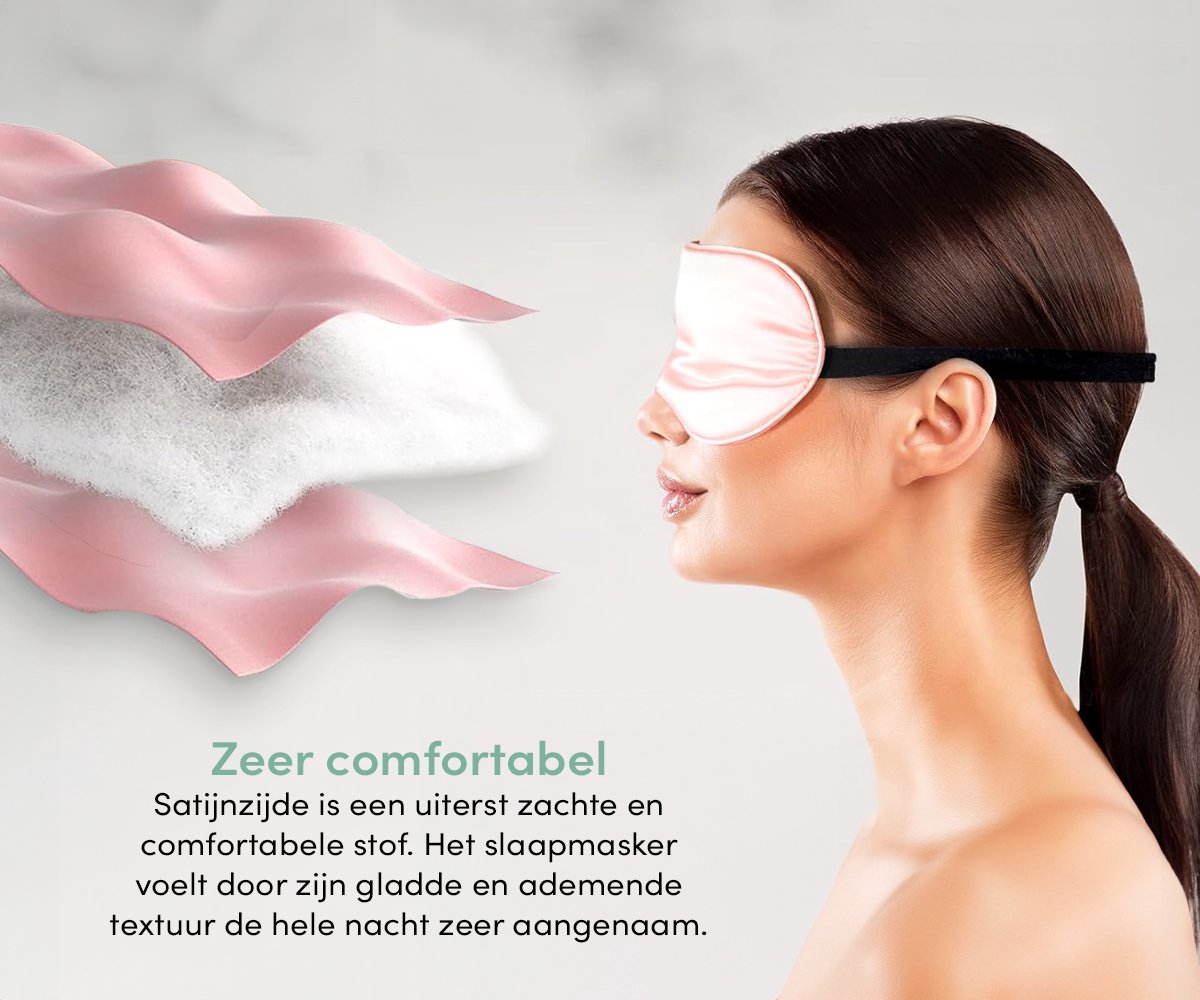 Loti Premium Zijden Slaapmasker + Opbergzakje - 100% Verduisterend Oogmasker - Verstelbaar - Blinddoek - Zijdezacht - Anti-Rimpel – Eye Mask – Sleep Mask – Roze — afbeelding 7