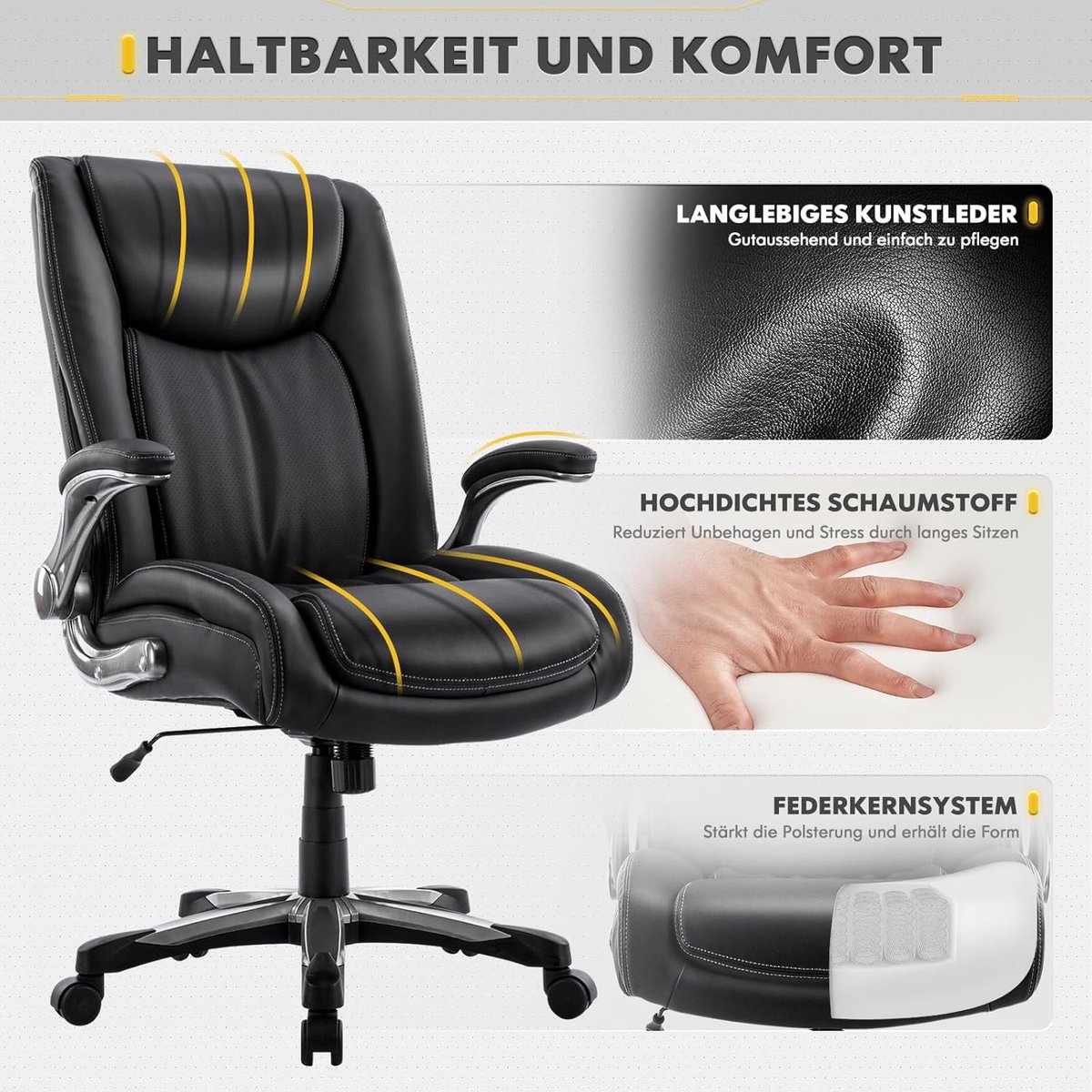 Ergonomische bureaustoel XL 181 kg – House&Garden Directiestoel van PU-leer met extra brede zitting 58 cm – inklapbare armleuningen – verstelbare hoogte – stevige metalen constructie – comfortabele managersstoel voor kantoor & thuiswerk – zwart