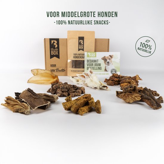 Bellobox met een selectie natuurlijke snacks voor middelgrote honden. Diverse gedroogde vlees- en visproducten.