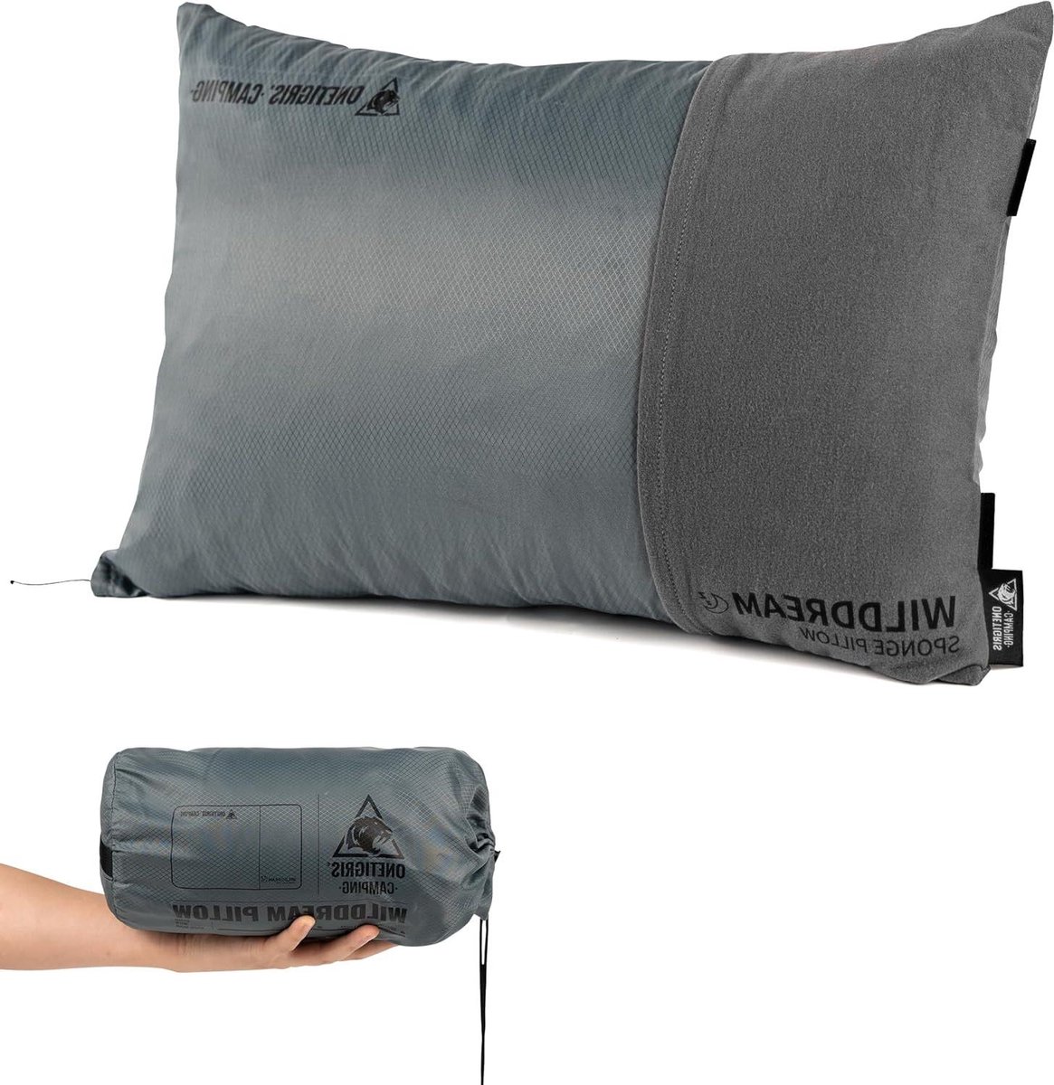Kampeerkussen - Hoofdkussen Outdoor - Comfortabel Slapen - Traagschuim Vulling - 43 x 30 x 13 cm - Grijs