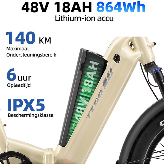 TTGO F6 Boost Elektrische Fiets - 250W Motor - 48V18Ah Lithium Accu - Actieradius tot 140 km - Hydraulische Schijfremmen - 20×4.0 inch Fatbike Banden - Shimano 7 Versnellingen - Vouwfiets - Beige van TTGO — afbeelding 5