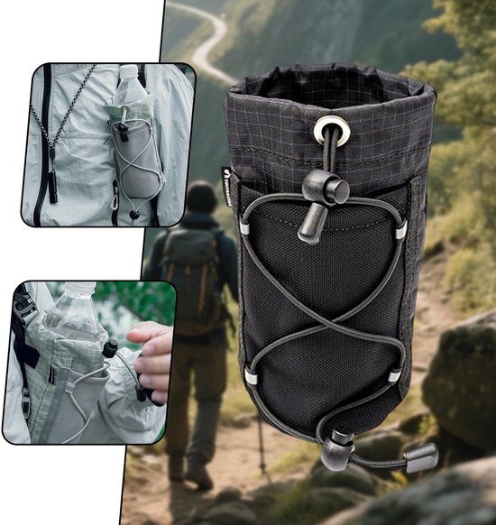 Bidonhouder voor Rugzak Schouderband - 17x9cm - Universele Fleshouder & Telefoontasje - Voor Wandelen, Hardlopen & Kamperen - Zwart — afbeelding 3