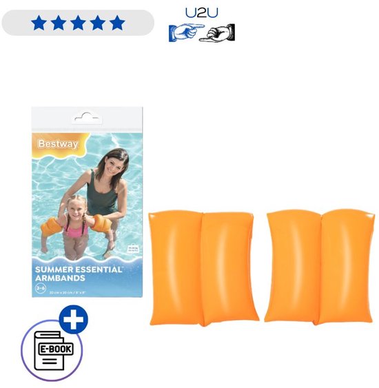 Verpakking Bestway zwembandjes oranje, met afbeelding moeder en kind in zwembad. Met E-book icoon.