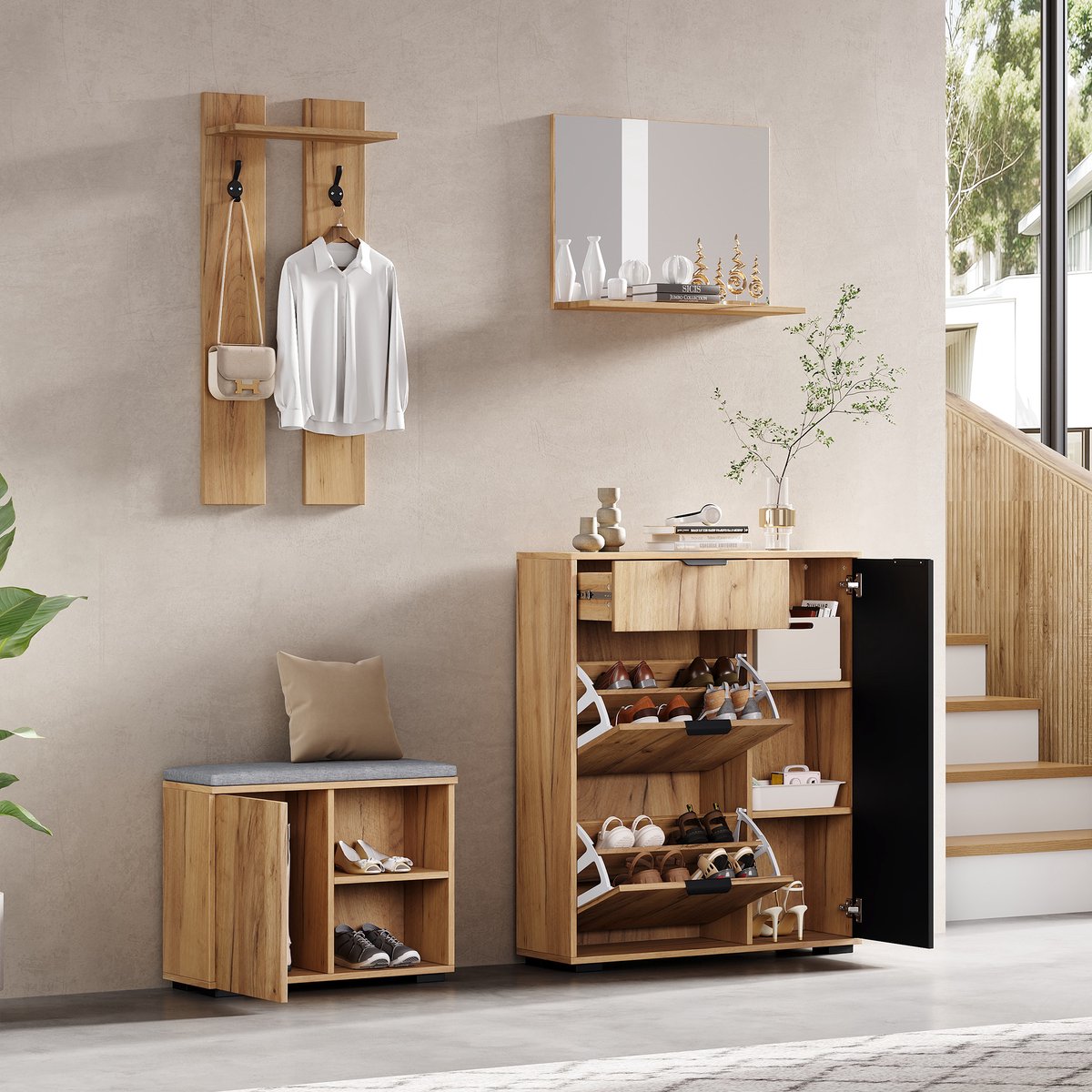 MODFU - Garderobeset - Schoenenbank En Schoenenkast Met Spiegel En Lade - Modern - Hal - Spaanplaat - Naturel En Zwart - 140 X 35 X 139 Cm