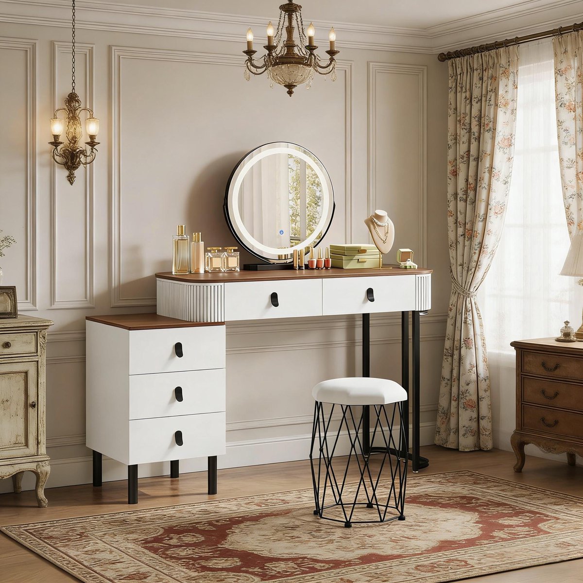 MODFU Kaptafel Met LED-Spiegel En 5 Laden - Modern - Met Hocker En Zijkast - Wit En Bruin - 125 x 40 x 100 cm Bruin+Wit