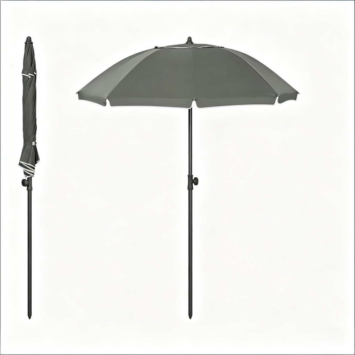 Stokparasol - Opvouwbaar parasol - Rond - Strandparasol - Tuin - Balkonparasol - UV-bescherming - Waterdicht - 35° Kantelbaar - Ø 135cm - Grijs