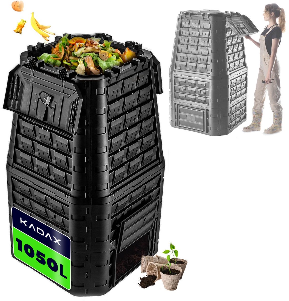 KADAX Compostbak van kunststof, compostbak voor tuinafval, compostton met ventilatie, compostcontainer met druppelirrigatie, snelcompostbak (zwart, 1050 liter)