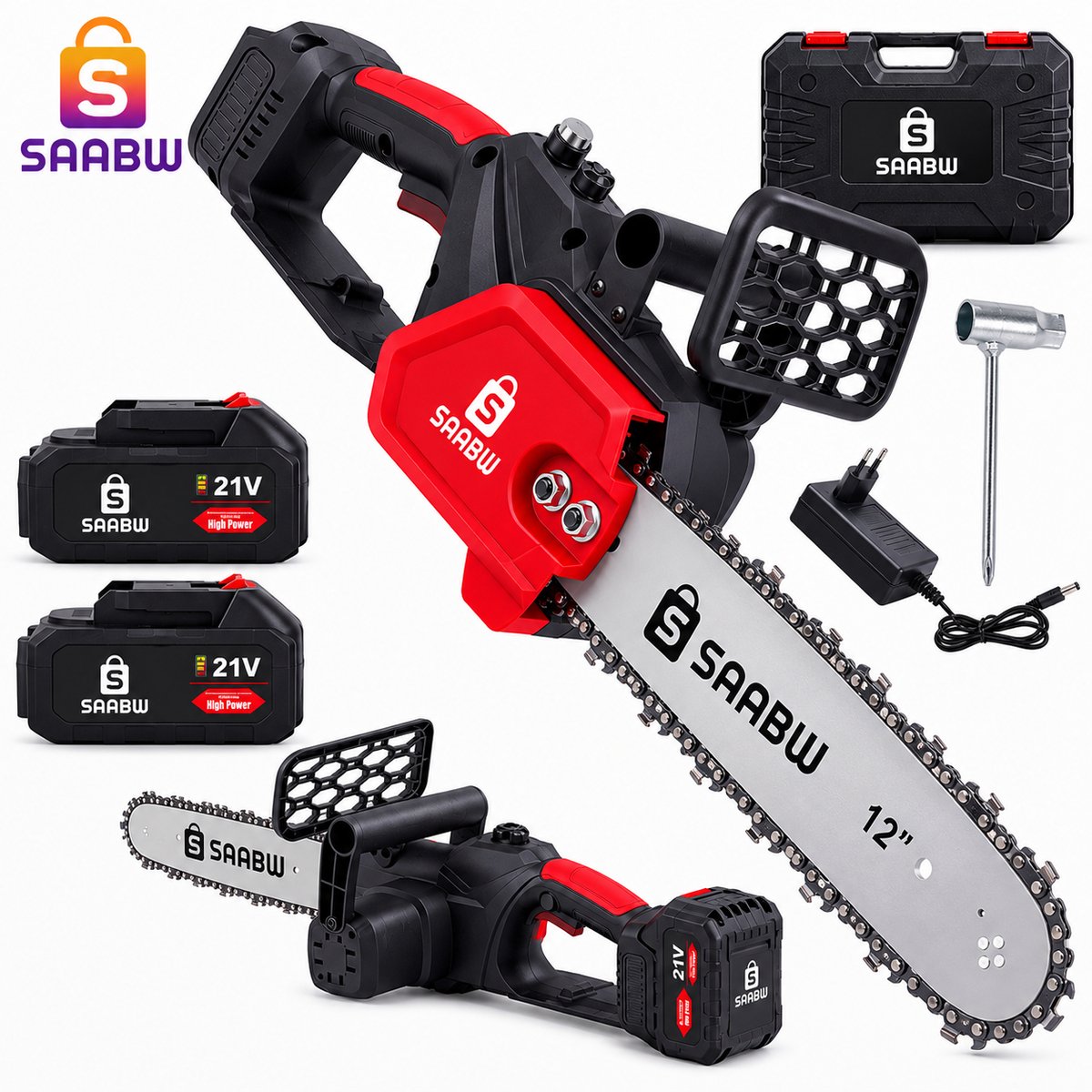 1200W Accu Kettingzaag 30 cm (12 Inch) met 2 Accu's 21V 3Ah – Draadloze Elektrische Kettingzaag – Inclusief Oplader, Koffer en Ketting – Snoeizaag voor Tuin, Hout en Takken – accu kettingzaag – draadloze kettingzaag – Zwart / Rood – 48444