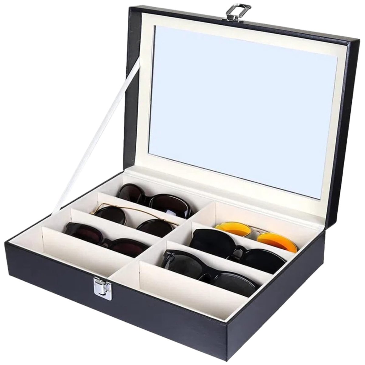 Dailygoods- Bril Opbergtas 8 Vakken - PU Leer Organizer - Zwarte Bril Houder - Transparant Deksel - Ruimtebesparend - Sieraden Collectie