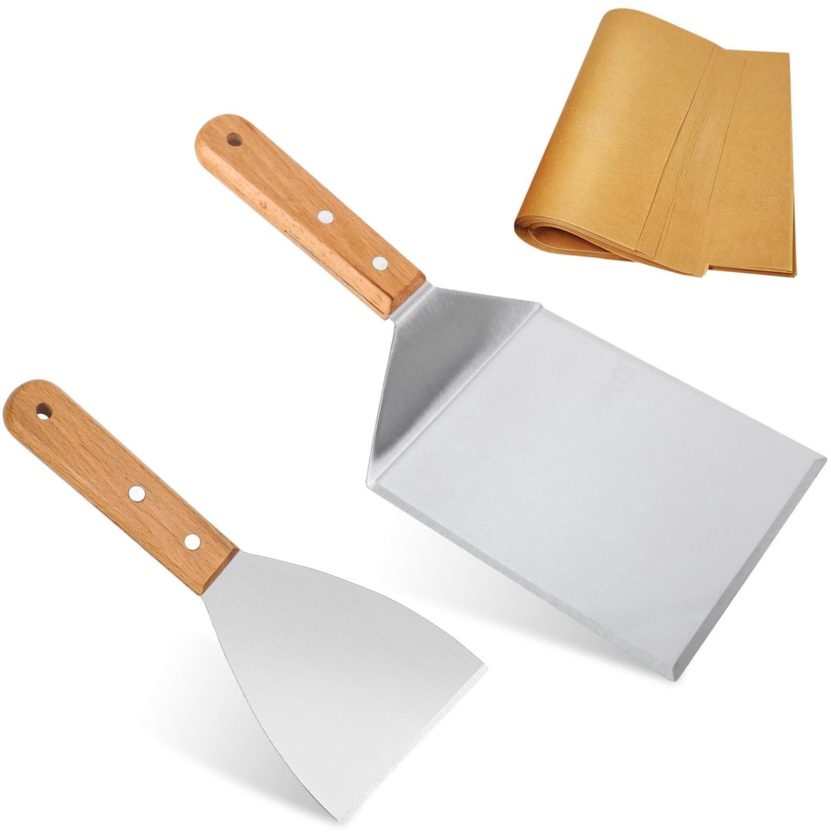 Dailygoods- Grillspatel Set 2 Stuks - Houten Handvat - Roestvrij Staal - BBQ-Gereedschap - Inclusief Burgerpapier - Duurzaam en Hittebestendig - Pannenwender