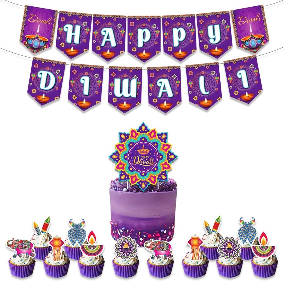 Dailygoods- Feestdecoratie Paarse Diwali - Happy Banner - Cupcake Toppers - Taart Topper - Diepteversiering - Karton - Meerdere Toepassingen - Feestversiering