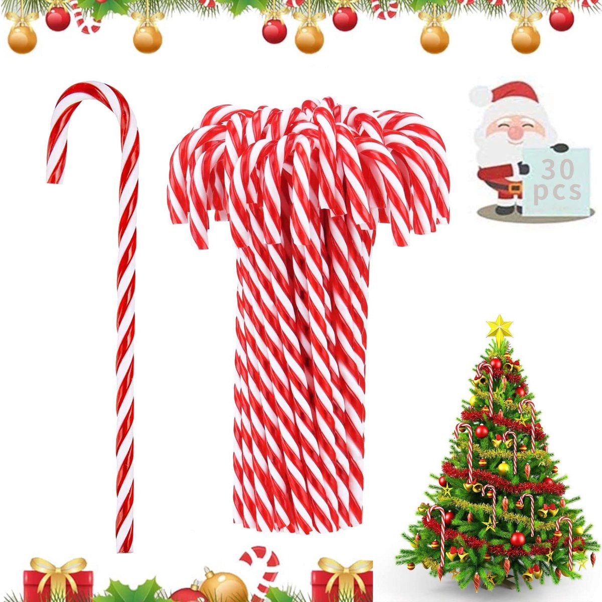 Dailygoods- Zuurstokken 30 Stuks - Kerstboomversiering - Suikerstokken - Decoratie - Rood/Wit - 15 cm - Acryl - Kerstdecoratie