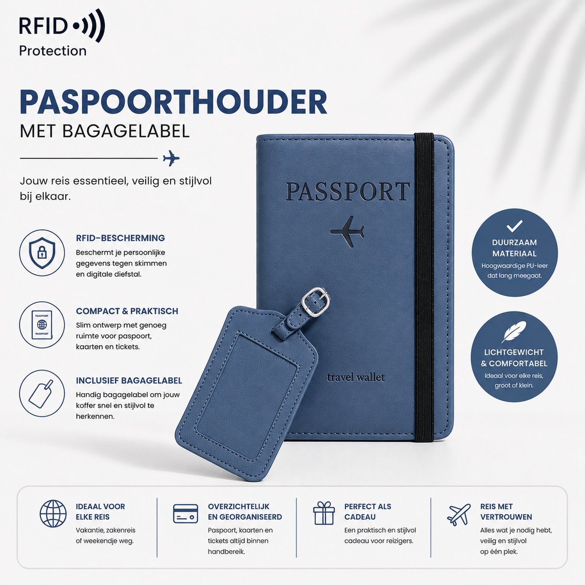 Paspoort hoesje met Bagagelabel (set) - Paspoorthouder beschermhoes cover voor paspoort & kaarthouder - RFID bescherming - Donkerblauw