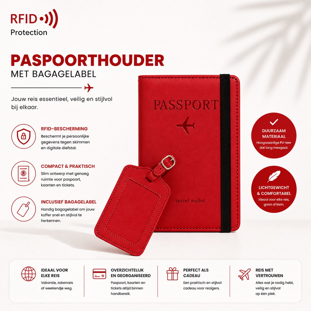 Paspoort hoesje met Bagagelabel (set) - Paspoorthouder beschermhoes cover voor paspoort & kaarthouder - RFID bescherming - Rood