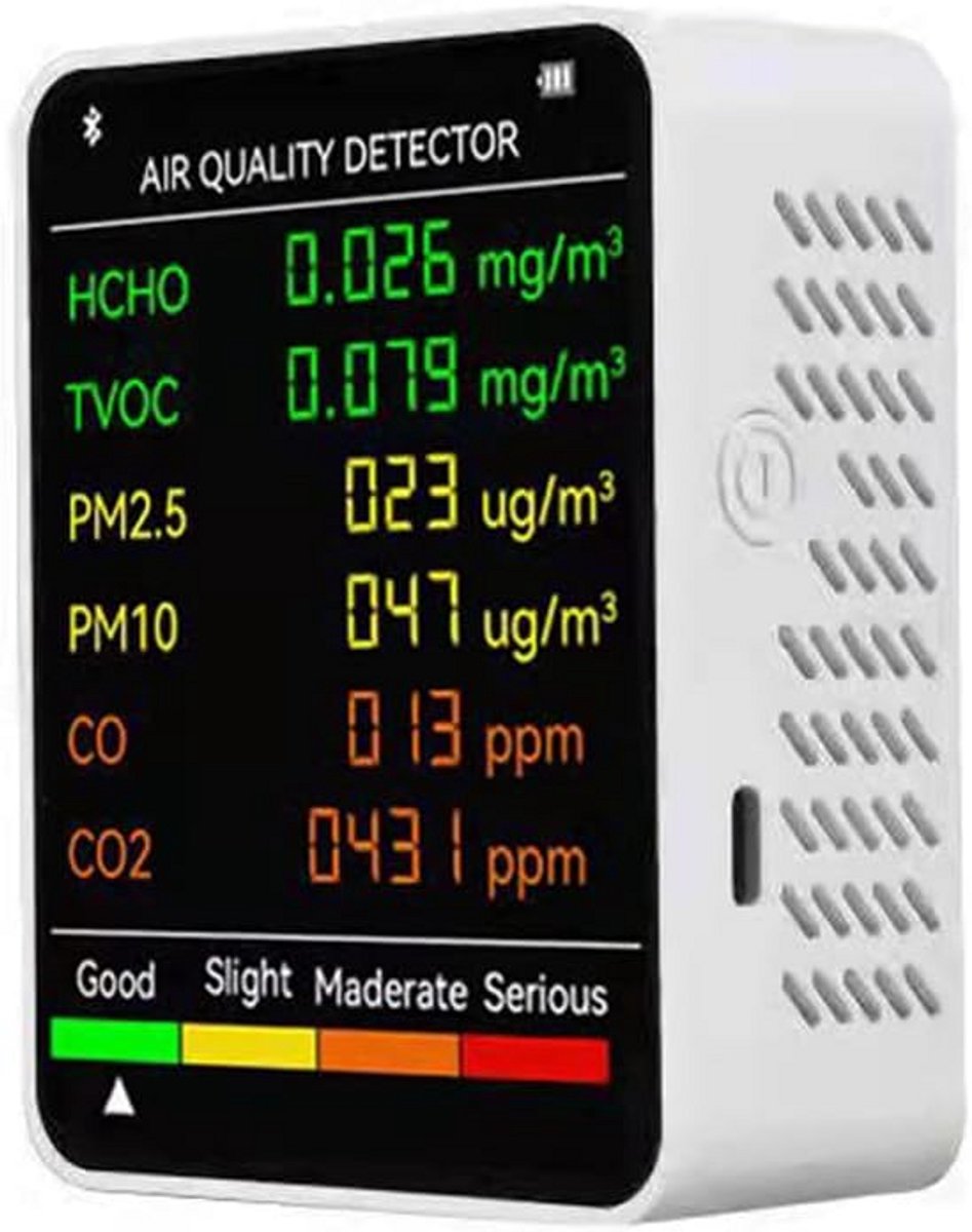 Luchtkwaliteit Monitor - Luchtmeter CO2 - Binnenklimaat Checken - 6 in 1 Meting - 90x70x35mm - Zwart